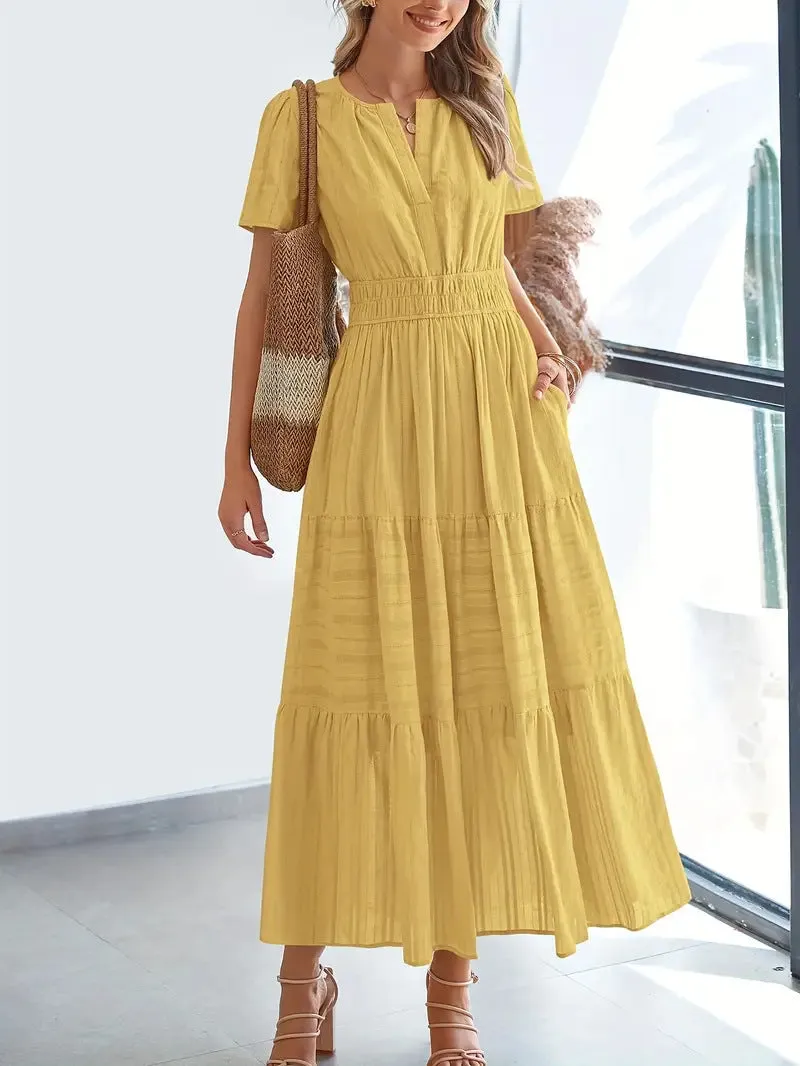 Womens Maxi Dress  V-Neck  Puff Sleeve  Ruched Waist  Tiered A-Line Fit