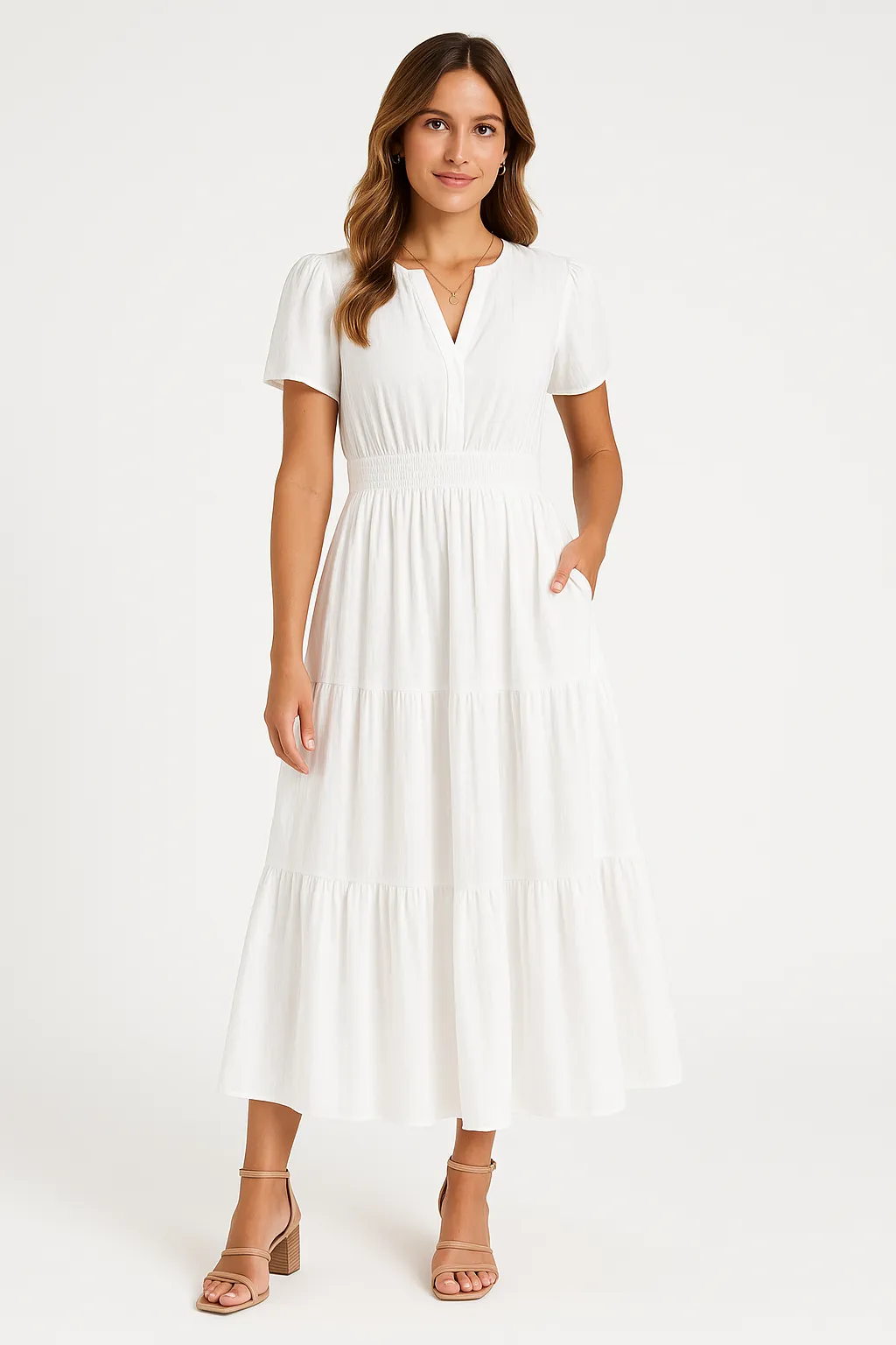 Womens Maxi Dress  V-Neck  Puff Sleeve  Ruched Waist  Tiered A-Line Fit