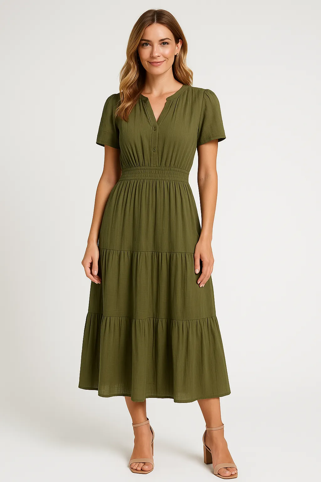 Womens Maxi Dress  V-Neck  Puff Sleeve  Ruched Waist  Tiered A-Line Fit
