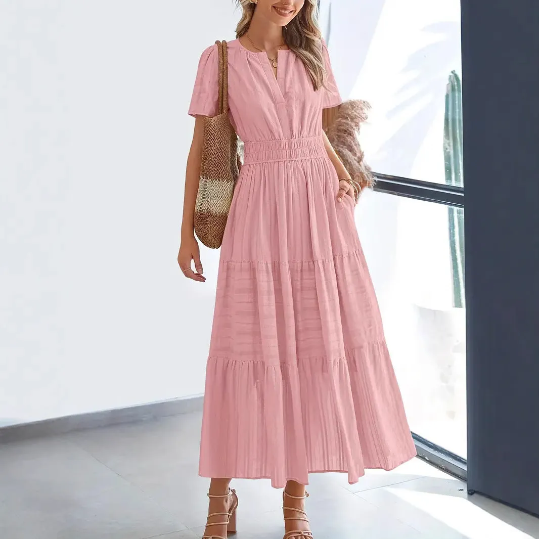 Womens Maxi Dress  V-Neck  Puff Sleeve  Ruched Waist  Tiered A-Line Fit