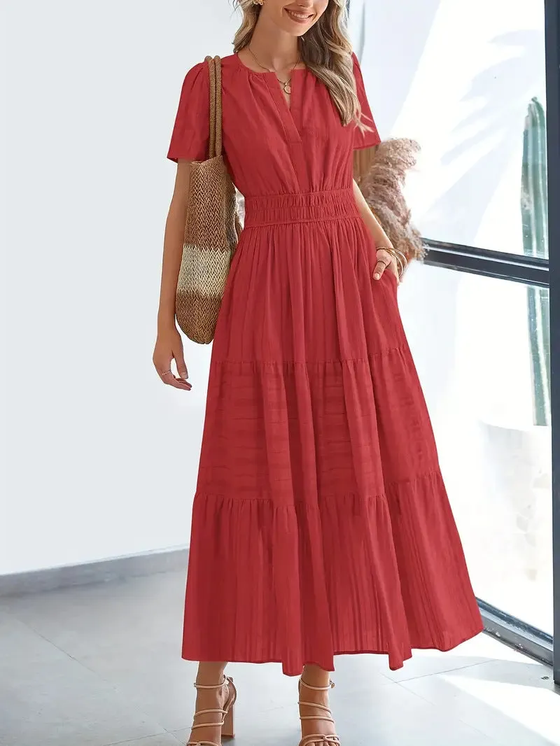 Womens Maxi Dress  V-Neck  Puff Sleeve  Ruched Waist  Tiered A-Line Fit
