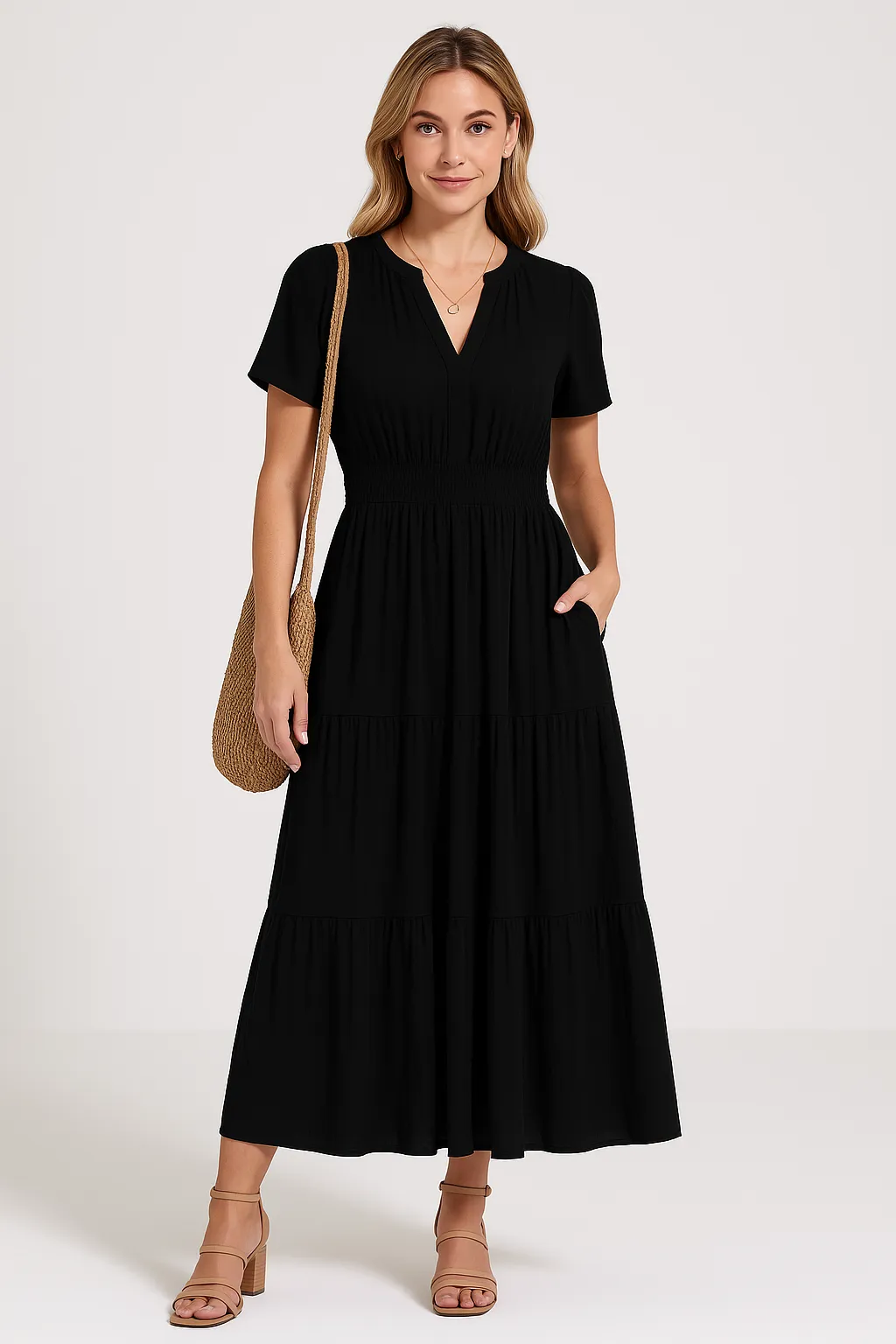 Womens Maxi Dress  V-Neck  Puff Sleeve  Ruched Waist  Tiered A-Line Fit