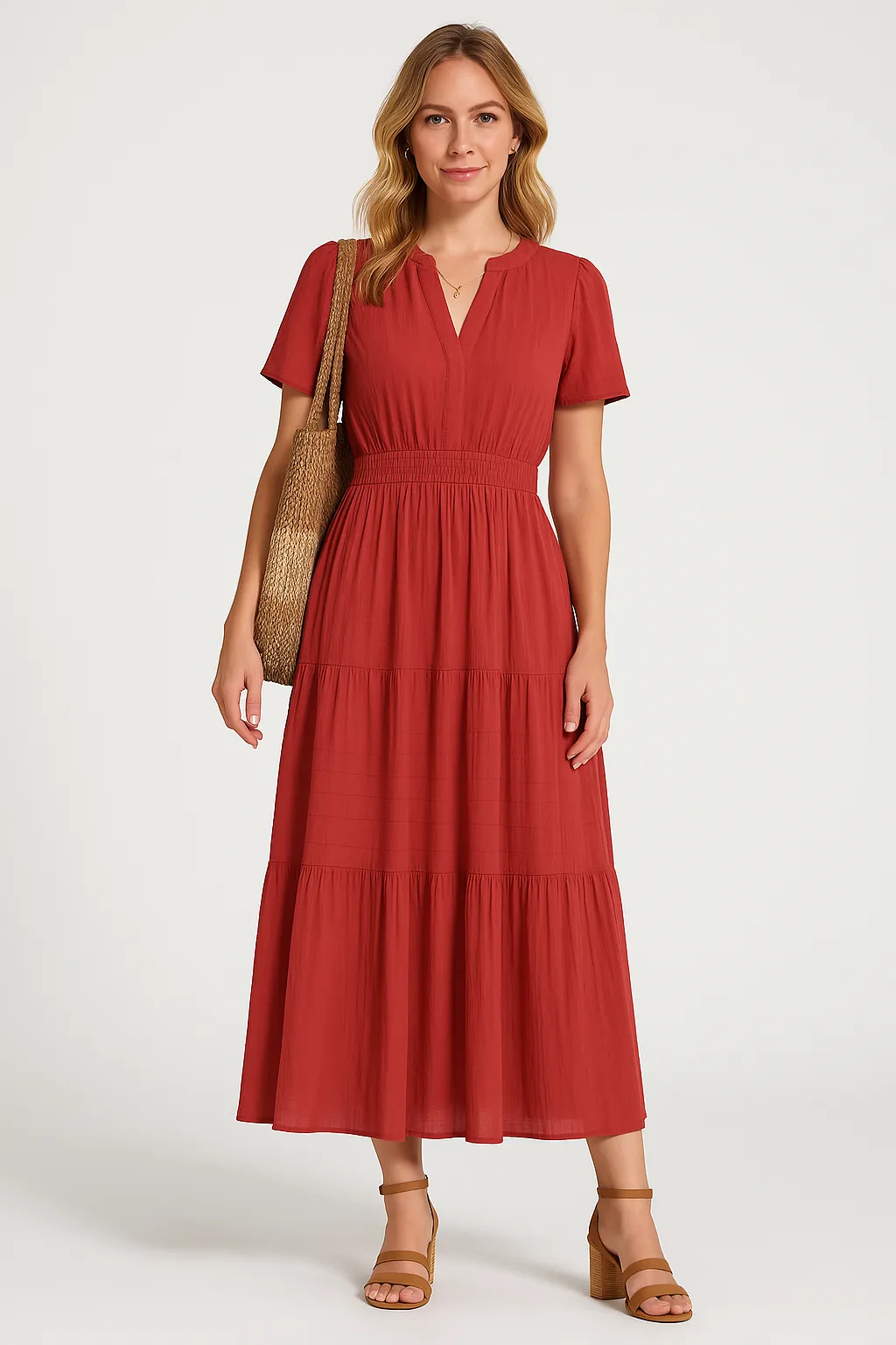 Womens Maxi Dress  V-Neck  Puff Sleeve  Ruched Waist  Tiered A-Line Fit