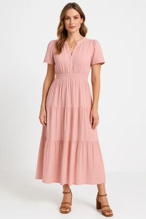 Womens Maxi Dress  V-Neck  Puff Sleeve  Ruched Waist  Tiered A-Line Fit