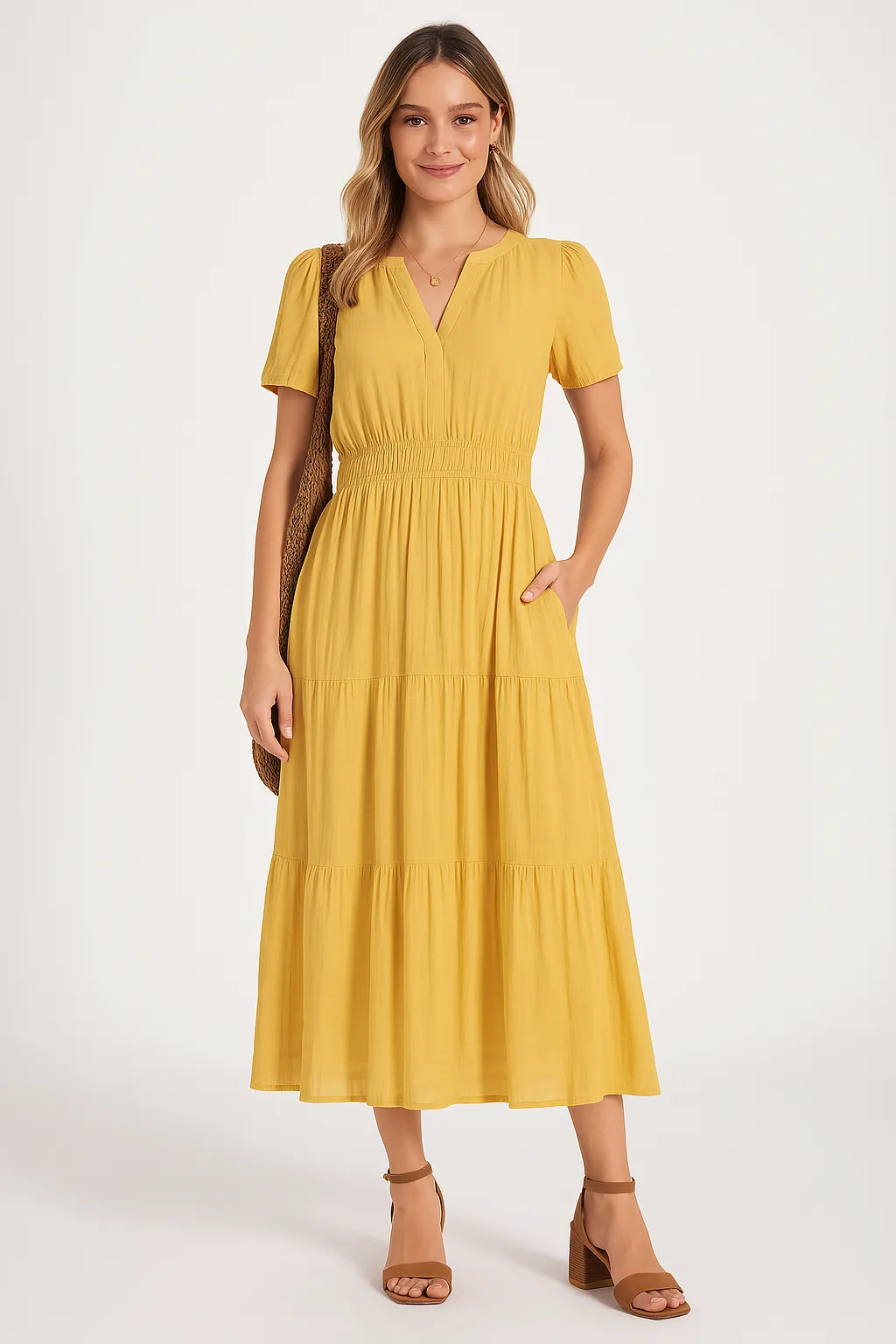 Womens Maxi Dress  V-Neck  Puff Sleeve  Ruched Waist  Tiered A-Line Fit