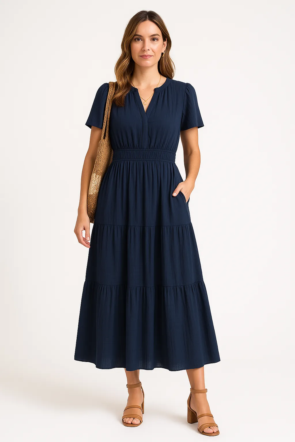 Womens Maxi Dress  V-Neck  Puff Sleeve  Ruched Waist  Tiered A-Line Fit