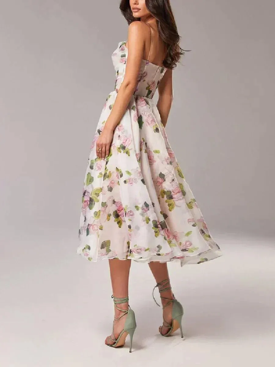 Womens Midi Dress  A-Line Fit  Floral Chiffon  Spaghetti Straps  Flowing Skirt