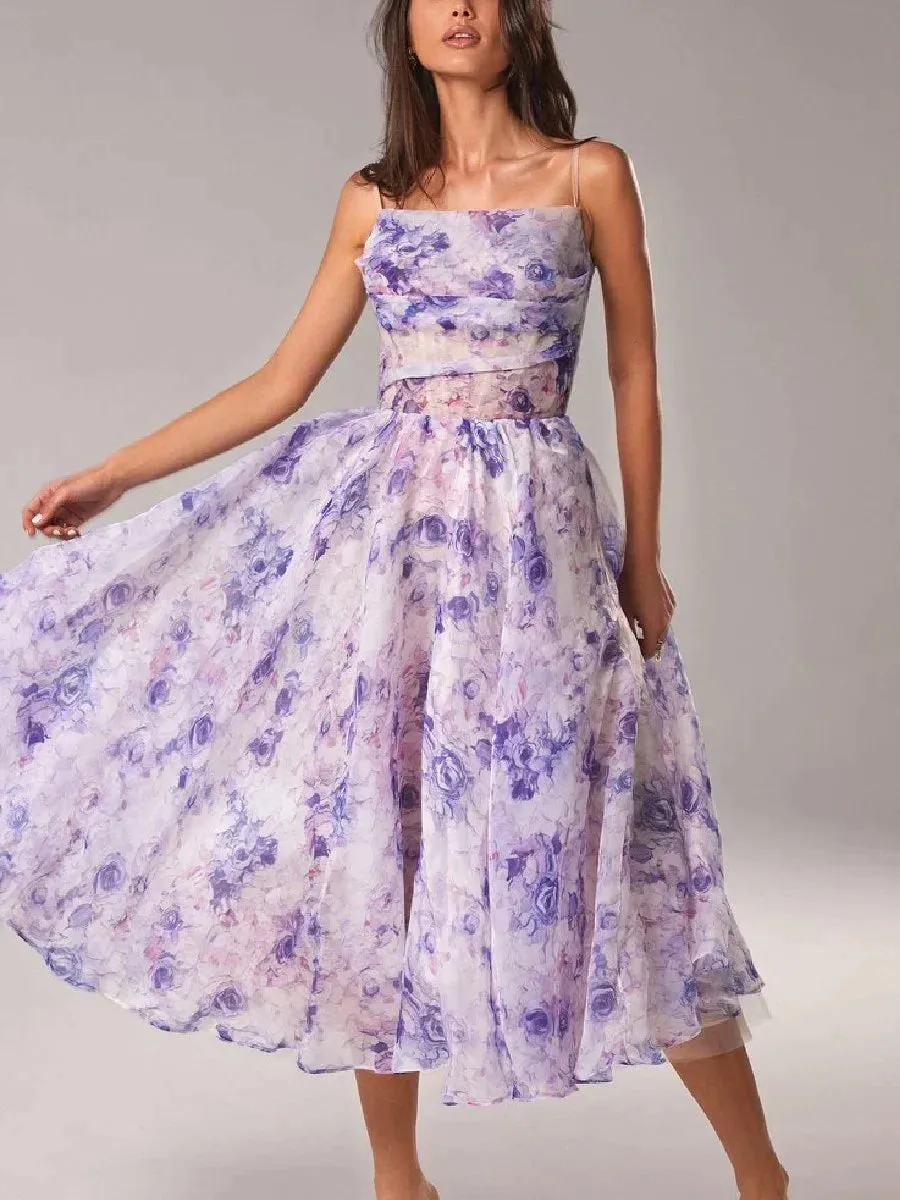 Womens Midi Dress  A-Line Fit  Floral Chiffon  Spaghetti Straps  Flowing Skirt