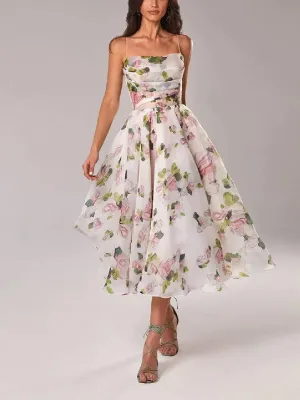 Womens Midi Dress  A-Line Fit  Floral Chiffon  Spaghetti Straps  Flowing Skirt