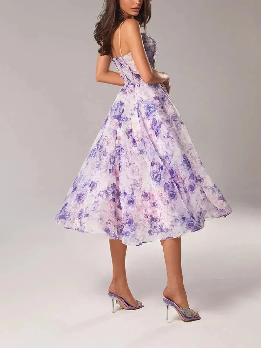 Womens Midi Dress  A-Line Fit  Floral Chiffon  Spaghetti Straps  Flowing Skirt