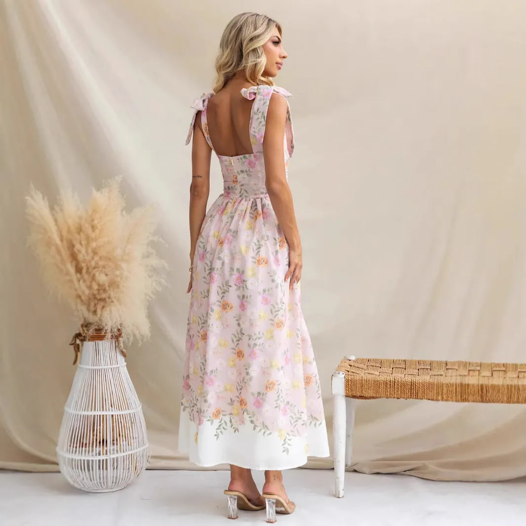 Womens Midi Dress  Fit and Flare  Floral Print  Spaghetti Straps  Bow Detail