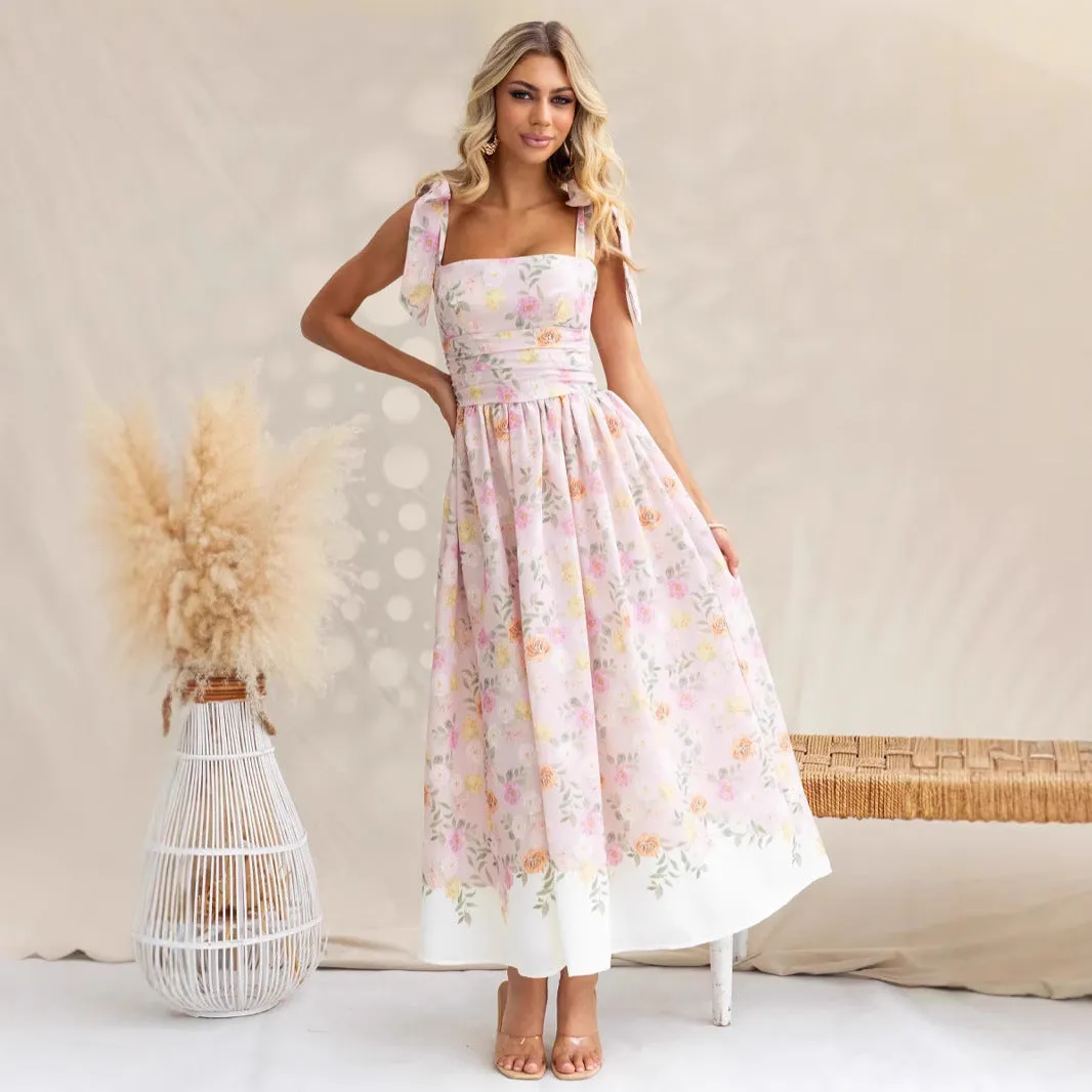 Womens Midi Dress  Fit and Flare  Floral Print  Spaghetti Straps  Bow Detail