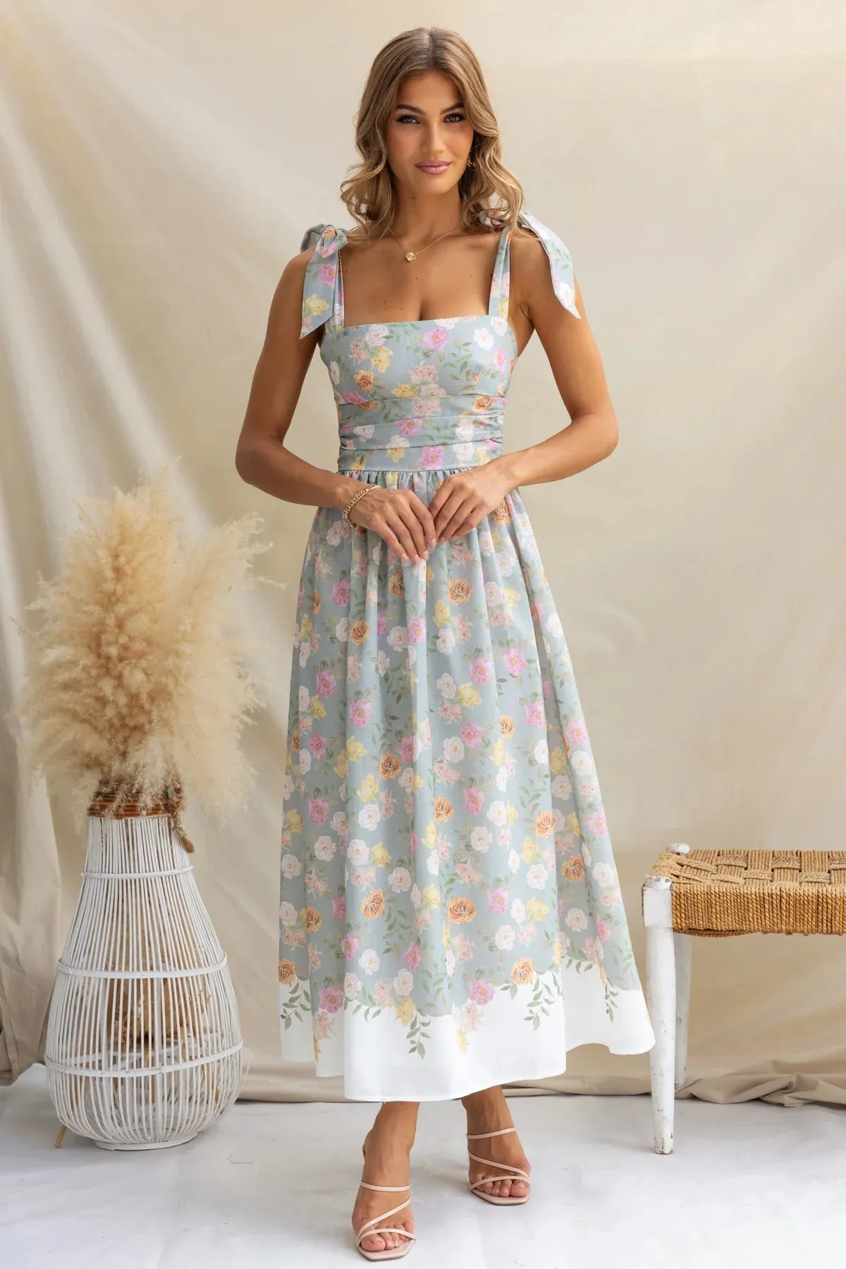 Womens Midi Dress  Fit and Flare  Floral Print  Spaghetti Straps  Bow Detail