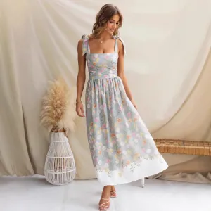 Womens Midi Dress  Fit and Flare  Floral Print  Spaghetti Straps  Bow Detail