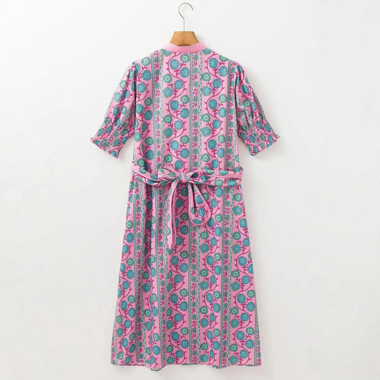 Womens Midi Dress  Floral Print  Puff Sleeve  Belted Fit  Button Front  High Waist