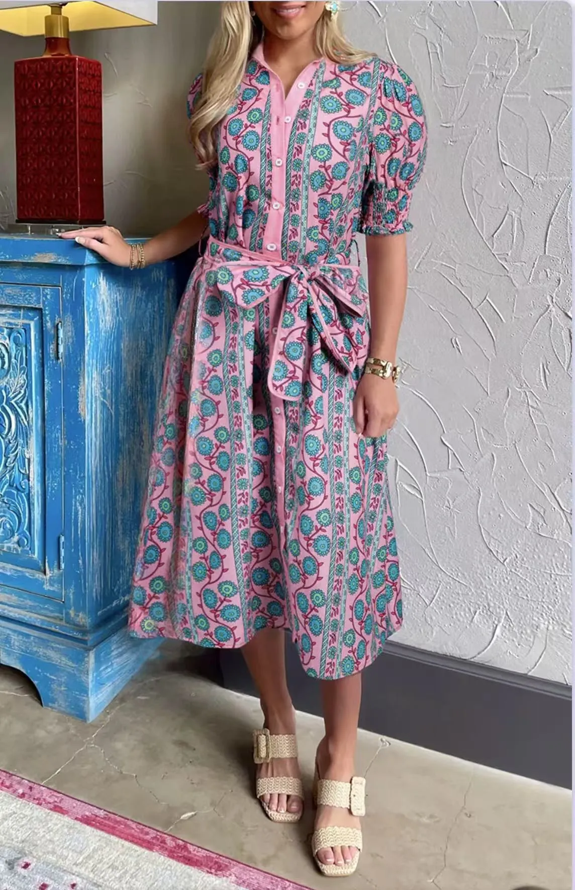 Womens Midi Dress  Floral Print  Puff Sleeve  Belted Fit  Button Front  High Waist