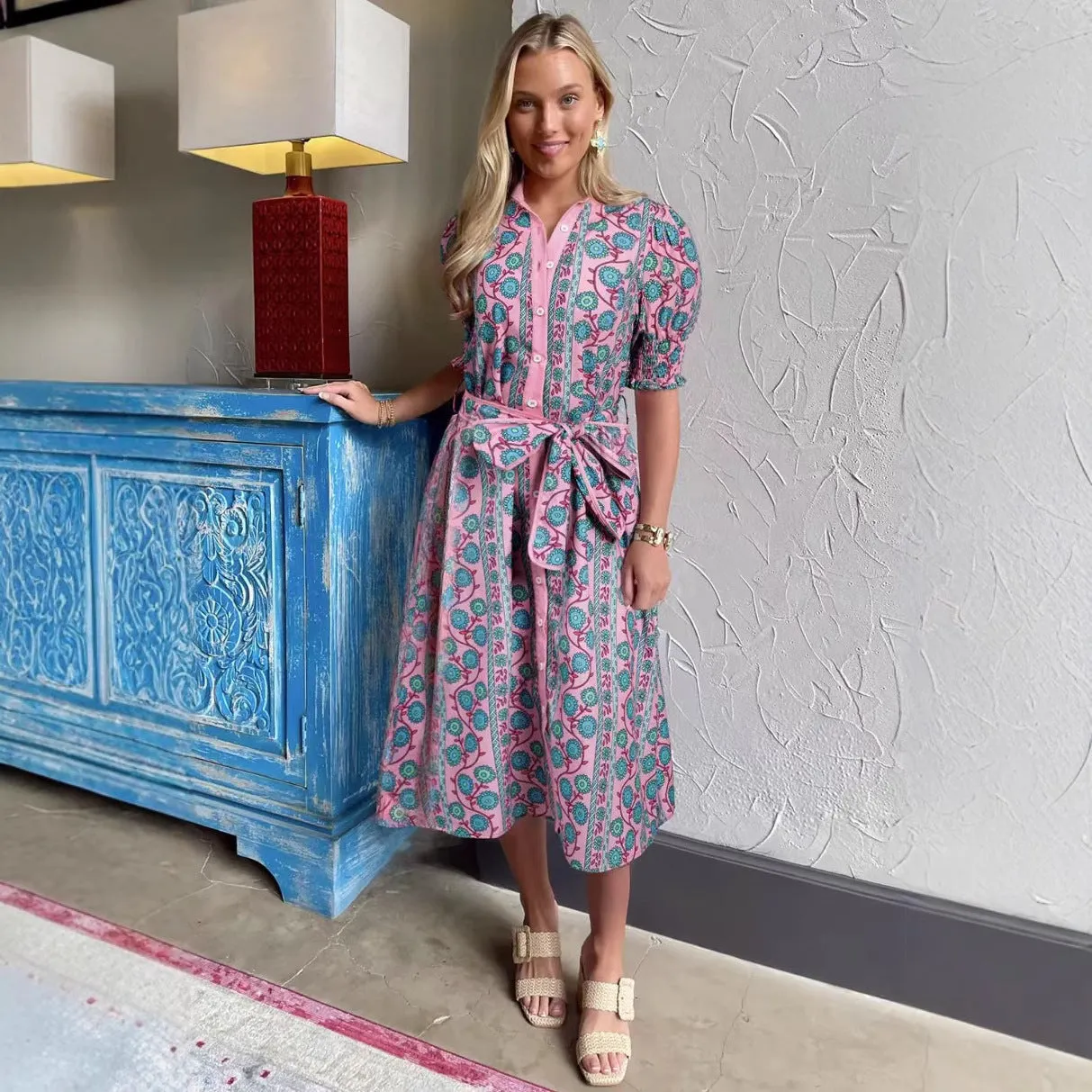 Womens Midi Dress  Floral Print  Puff Sleeve  Belted Fit  Button Front  High Waist