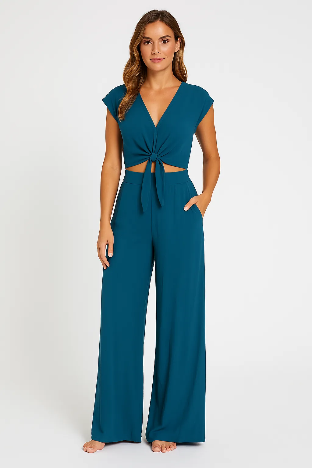 Womens Two-Piece Set  V-Neck Tie-Front Cropped Top  High-Waist Wide-Leg Pants with Pockets