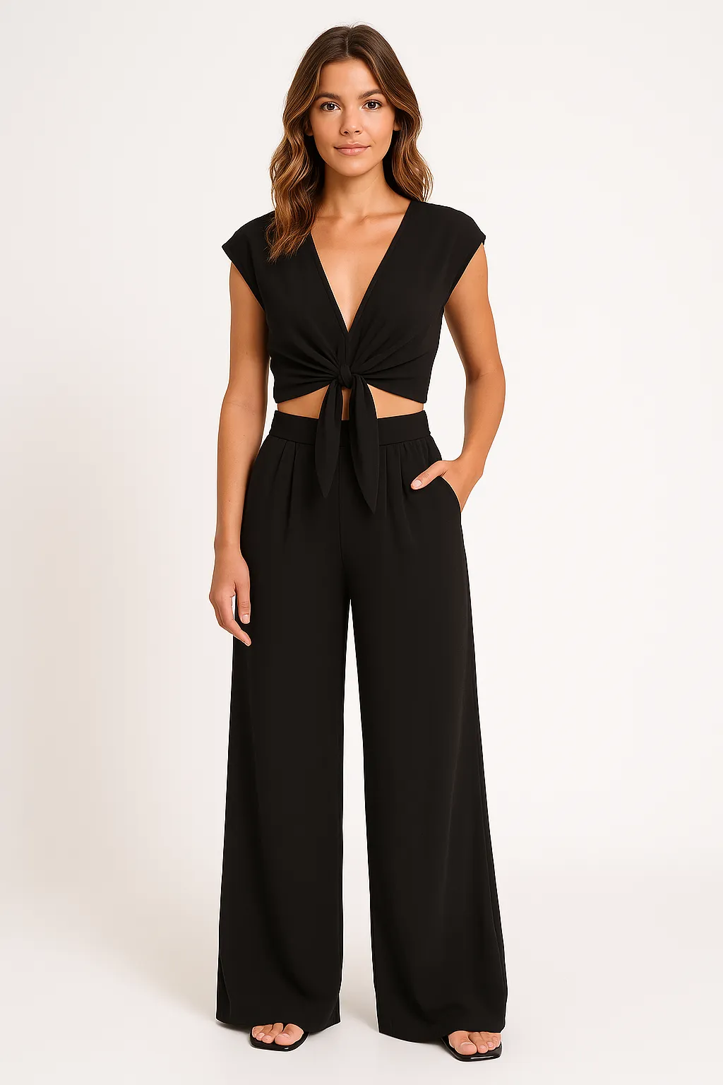 Womens Two-Piece Set  V-Neck Tie-Front Cropped Top  High-Waist Wide-Leg Pants with Pockets