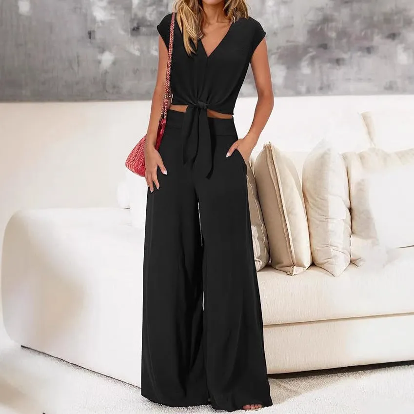 Womens Two-Piece Set  V-Neck Tie-Front Cropped Top  High-Waist Wide-Leg Pants with Pockets