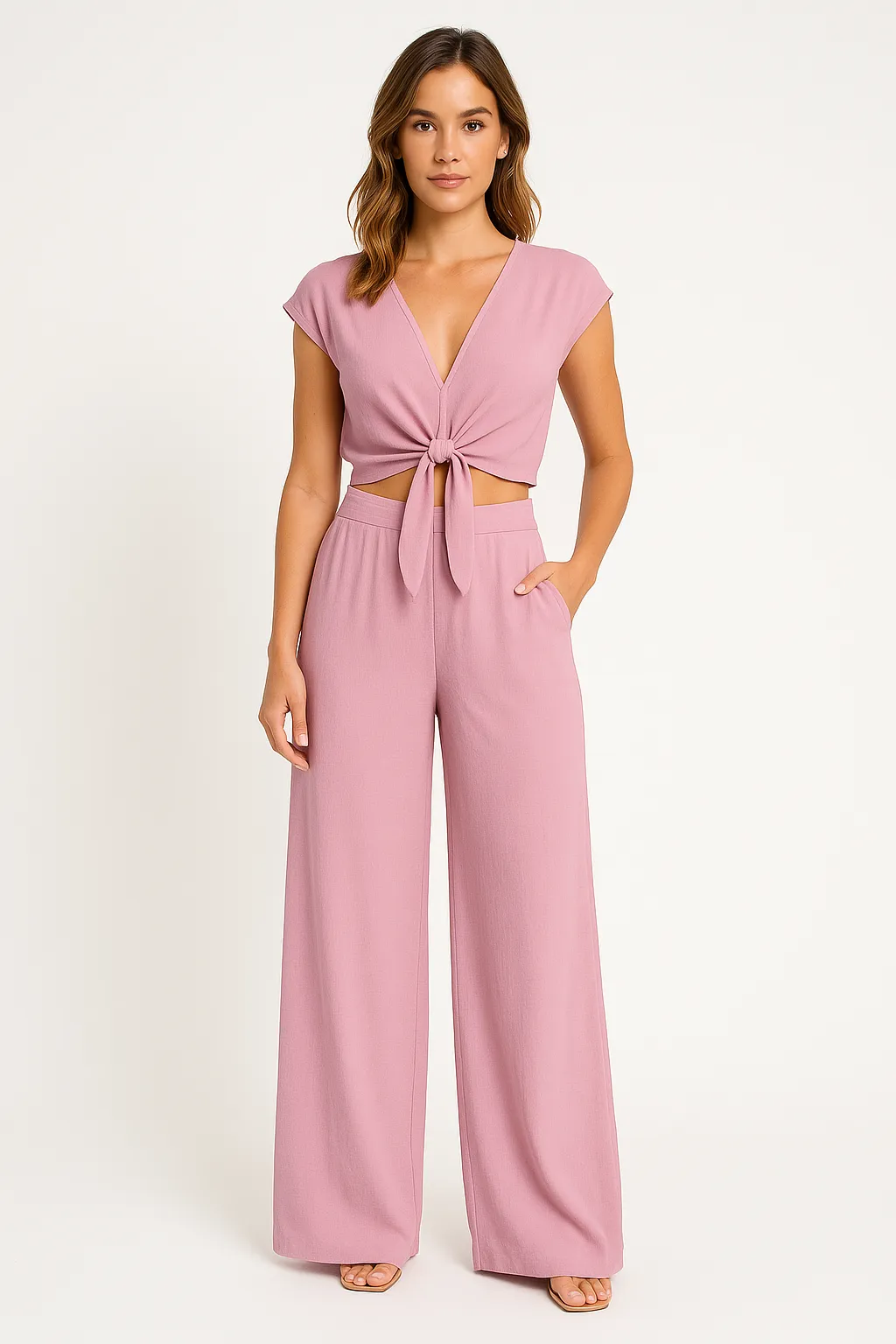Womens Two-Piece Set  V-Neck Tie-Front Cropped Top  High-Waist Wide-Leg Pants with Pockets
