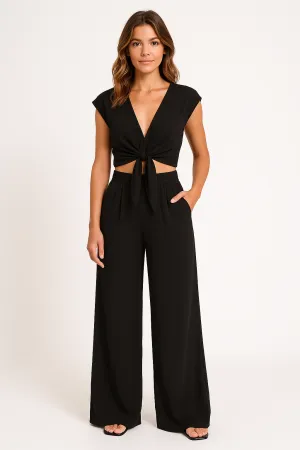 Womens Two-Piece Set  V-Neck Tie-Front Cropped Top  High-Waist Wide-Leg Pants with Pockets